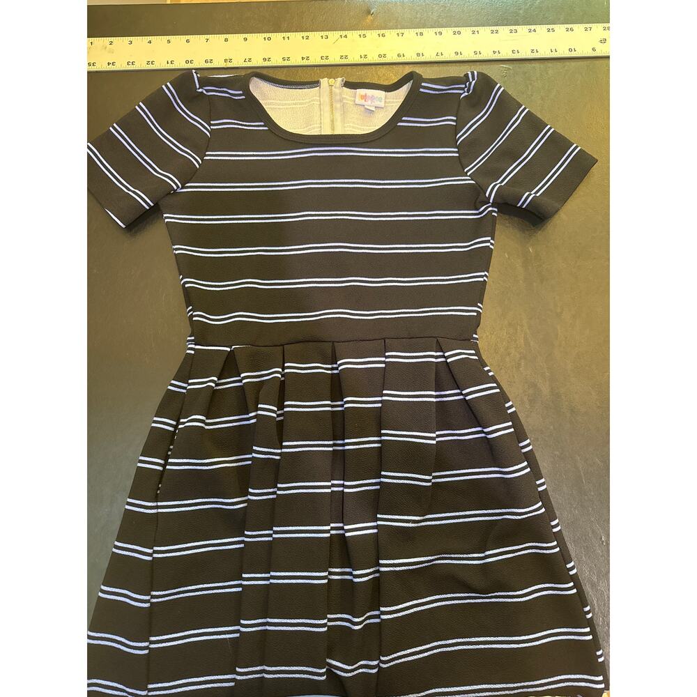 Lularoe Amelia Dip Pleated Dress Small. Black with blue Stripes